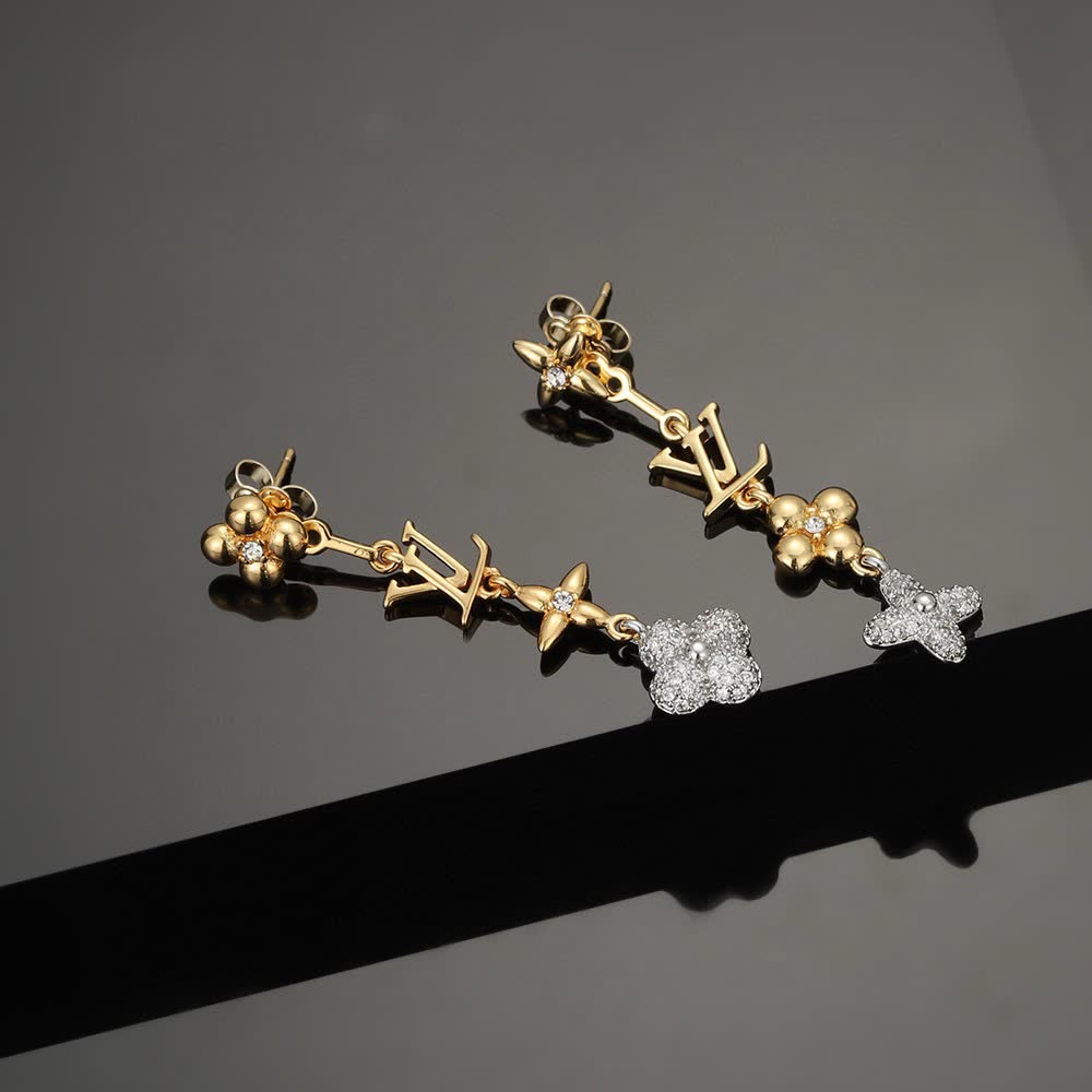 Louis Vuitton Gold Tone Earrings with Monogram and Crystal Flower